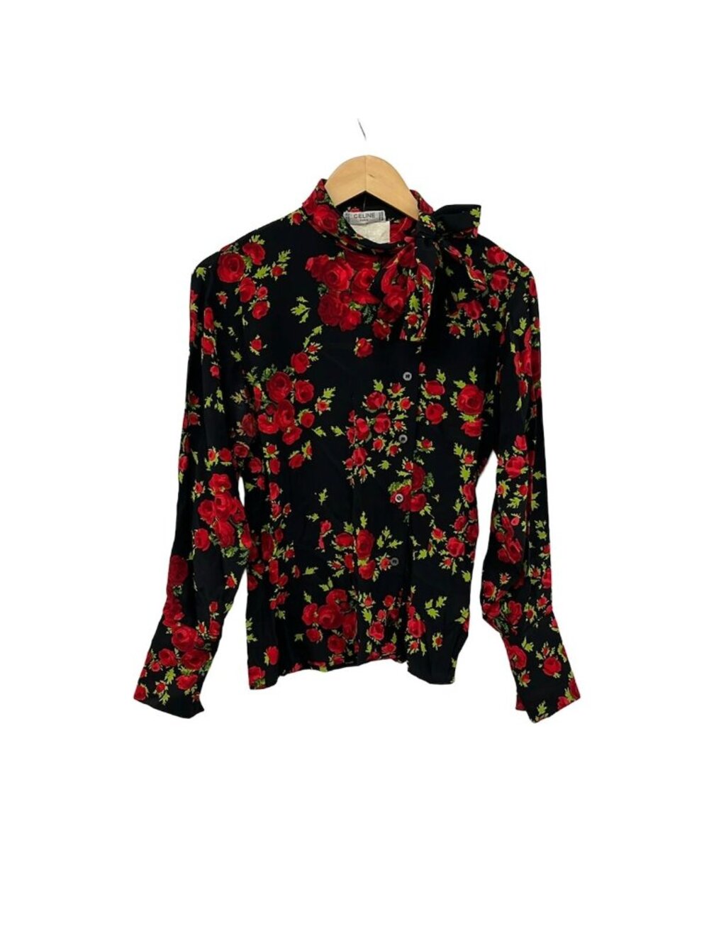 Celine Long Sleeve Shirt Blouse Black Red Light Green Floral Pattern